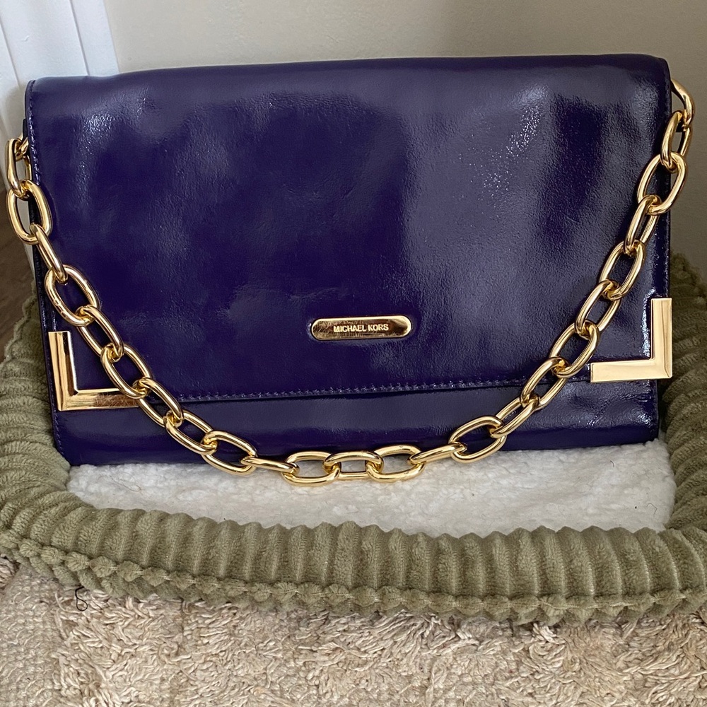 Michael Kors Glossy Purple Shoulder Bag with Gold Chain